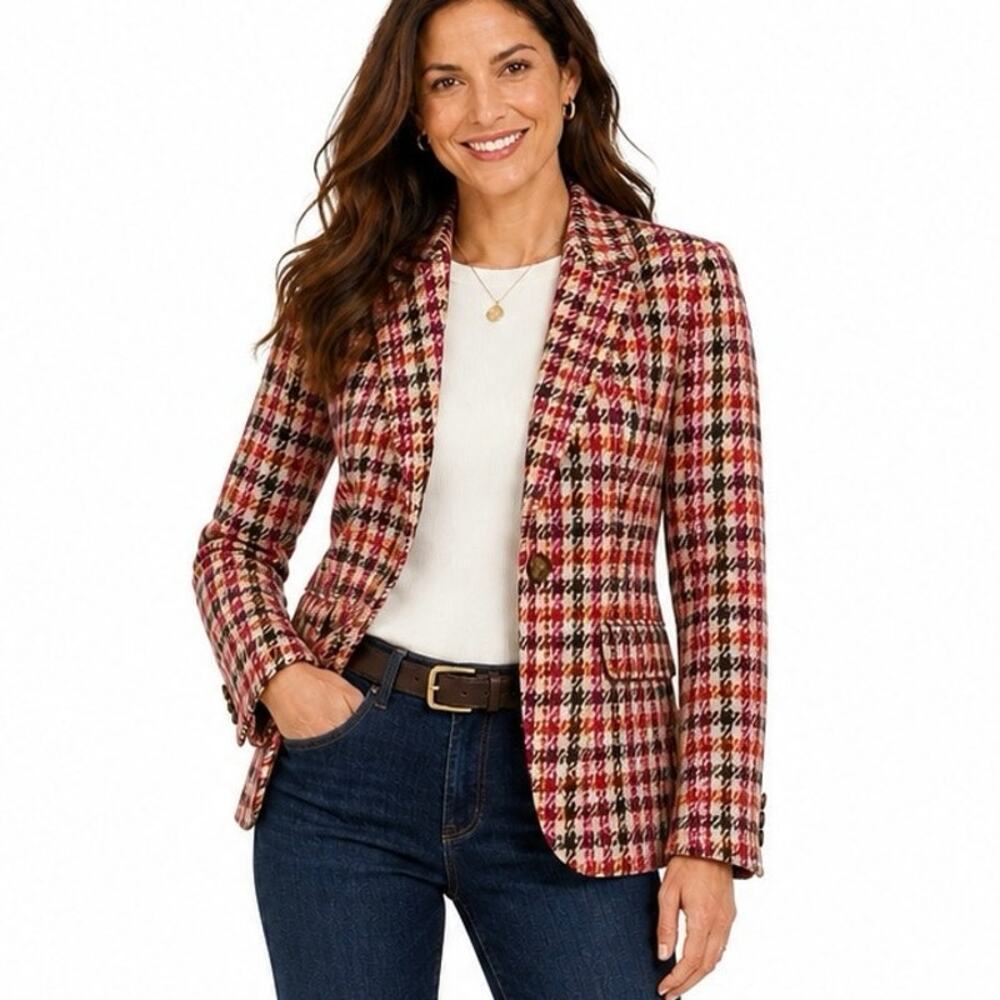 Talbots Petites Plaid Blazer Wool Blend Tweed 4P Brown Pink Orange Jacket Preppy
